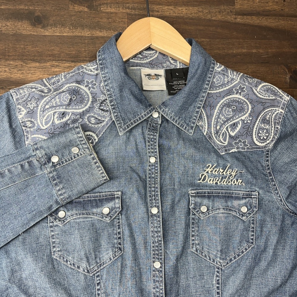 Vintage Harley Davidson Women's Large Pearl Snap Western Long Sleeve Button Up